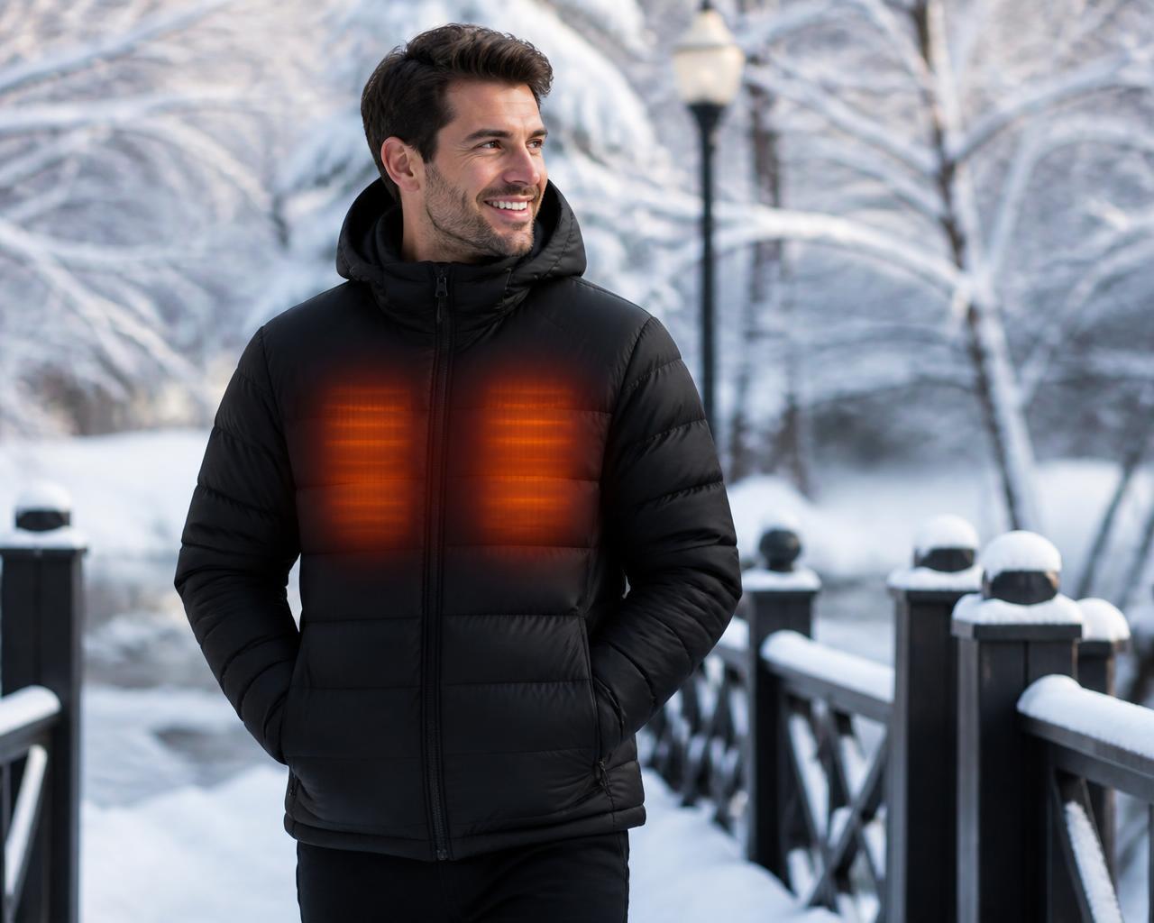 Man wearing a USB rechargeable heated winter jacket outdoors in the snow